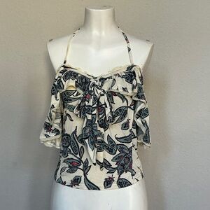 Free People Cream Paisley Off-Shoulder Halter Tie Top